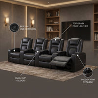 36.22" W Luxury Individual Seat Top Faux Leather Home Theater Seat Recliners Quadruple Seat with USB & Dual Cup Holders & Arm Storage (Set of 4) — infographic